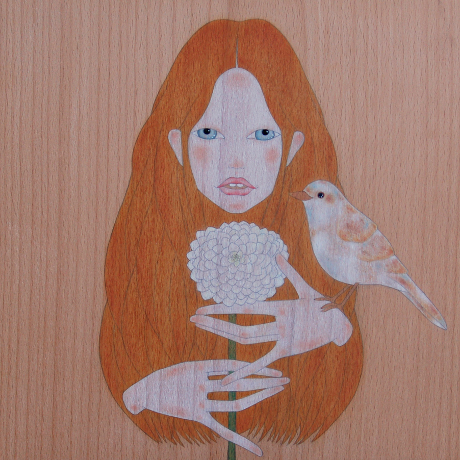 "girl, sparrow & white zinnia"