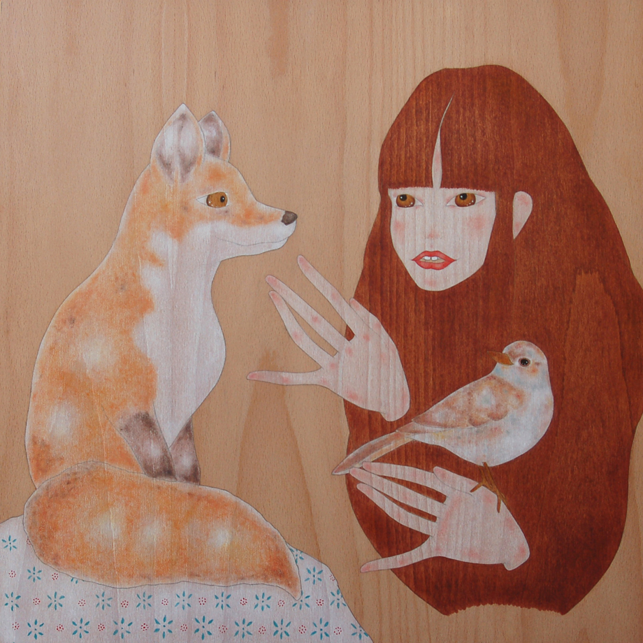 "girl caressing a red fox"